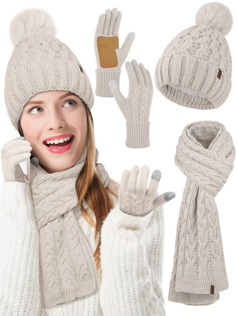 8653 Winter Beanie Hat Scarf Gloves with Pom Pom Fleece Lined Touchscreen